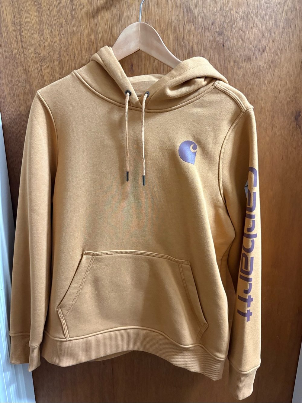 Carhartt Women's Tan Hoodie with Purple Logo